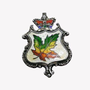Vtg 1930s Sterling Silver Canadian Enamel Maple Leaf Pin w/Crown
